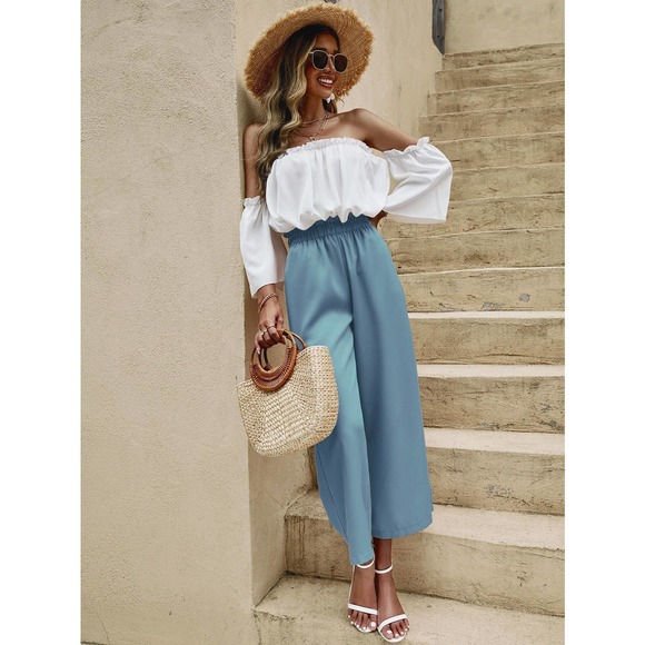 bohogypsydreamer.com Pants - 2 piece set: boho Off The Shoulder Frill Trim crop Top & wide leg pants blue